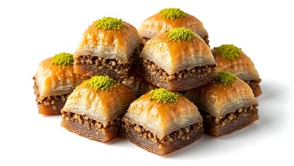 A pyramid of traditional square-cut baklava showing detailed golden pastry layers and rich nut fillings for gourmet food.