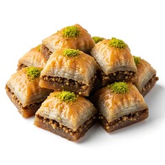 Deliciously textured Mediterranean dessert featuring crisp phyllo dough, sweet syrup, and a generous dusting of vibrant green pistachios.