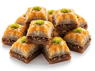 Authentic Turkish honey-soaked pastry layers filled with nuts and garnished with pistachio crumbles on a white studio setting.