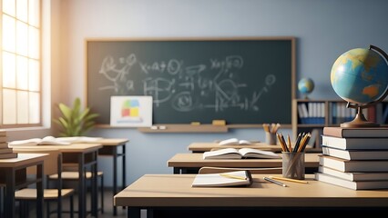 Empty Classroom Setting with Books and a Globe, Reflecting the Spirit of International Day of Education