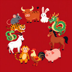 Naklejka premium Artistic poster of Chinese zodiac animals arranged in a circle on a bright red background in modern graphic style