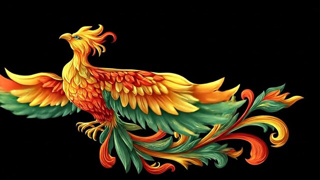 Detailed illustration of a majestic phoenix, vibrant colors and ornate design against a black backdrop.