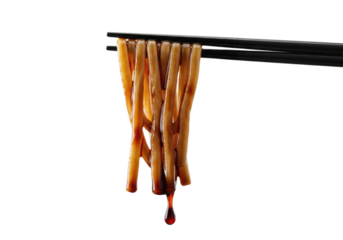 Extreme macro of glistening japanese udon noodles coated in a rich dark savory sauce, lifted mid-air by sleek black chopsticks against a white background, intense appetite appeal concept