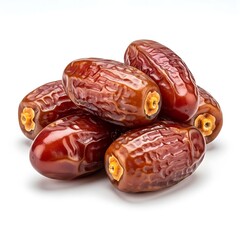 A group of plump, glossy brown dates with wrinkled textures and yellow caps isolated on a white background.