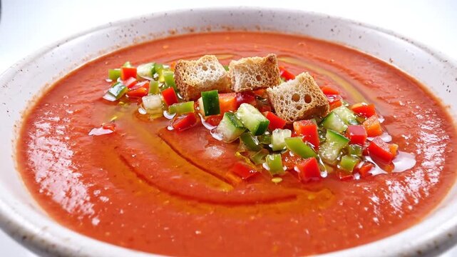 Bright tomato soup in a speckled white bowl, topped with diced cucumber, peppers, croutons and oil!!
