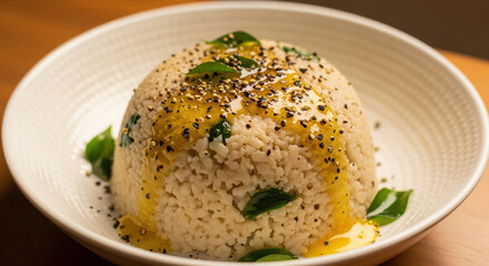 Ven Pongal rice served with ghee and pepper in clean setup for harvest celebration, makar sankranti and lohri