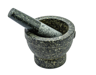 Close-up studio shot of a stone mortar and pestle on a transparent background