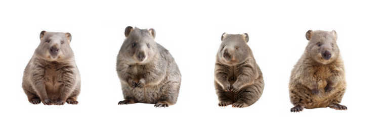 Four charming wombats in various poses showcasing their endearing features on transparent background high quality professional