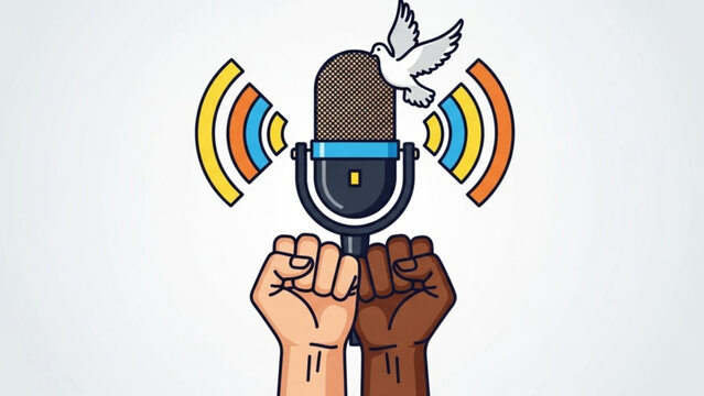 Diverse Fists Raised with Microphone and Dove Symbolizing Peace and Unity