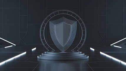 Shield emblem on pedestal in futuristic dark room representing cyber security degree, laptop and network grid imply study of digital defense and threat mitigation.
