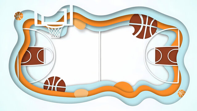 Abstract basketball court design with layered paper cut effect