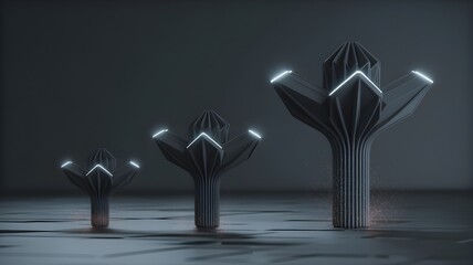 Futuristic abstract metal plants emerging from floor, symbolizing business growth, innovation and scalable upward progress.
