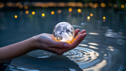 Human hand holding glowing crystal sphere over water
