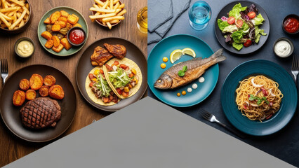 A diverse culinary display of hearty meat dishes and fresh seafood with pasta and salad