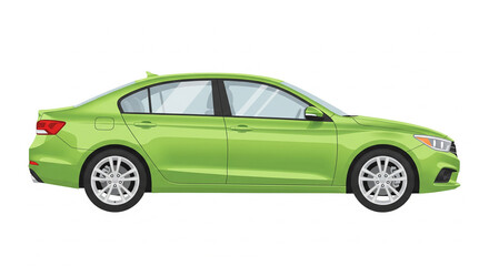 Fototapeta premium Detailed side profile illustration of a modern, bright lime green four door sedan automobile featuring stylized wheels and clean lines on a white background
