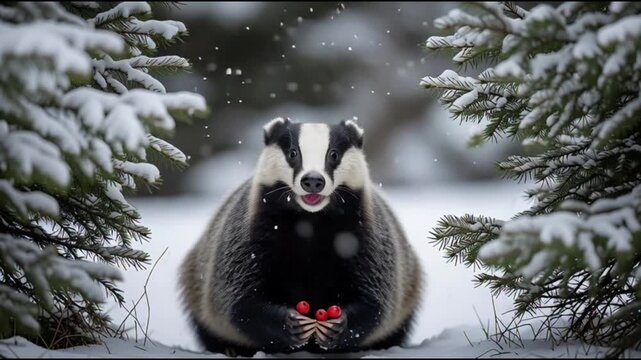 A badger stands in a snowy forest path surrounded by snow-covered trees, holding red berries