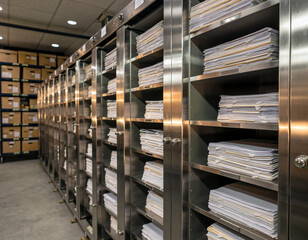 Metal lockers lined up contain piles of paper records. Cardboard boxes occupy shelves in the background. Protected archival space designed for efficient data storage and categorization.