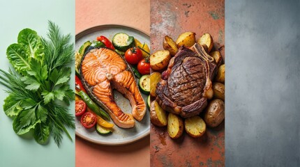 A vibrant display of fresh herbs, succulent grilled salmon, and a robust steak with potatoes