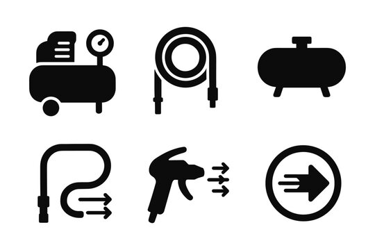 Air compressor equipment icons in black silhouette style