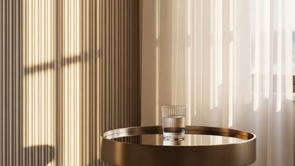 Elegant modern living room with golden light and glass of water