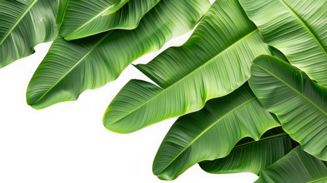 A vibrant arrangement of lush green banana leaves overlapping and filling the frame on transparent background - Powered by Adobe