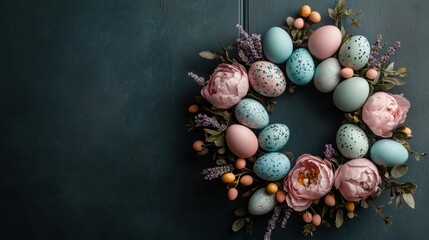 A Happy Easter wreath, digital painting style, made of lavender, pink peonies, and speckled blue and lime eggs,