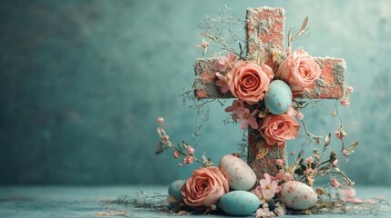 An elegant Happy Easter cross adorned with spring elements