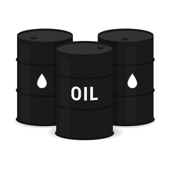 Black oil barrels set. Crude oil industry vector illustration for energy sector news, fuel price infographics, petroleum industry reports, and environmental or economic themes