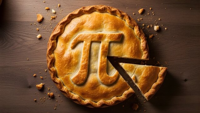 A delicious pie with a slice cut out on a wooden table - Pi Day Background