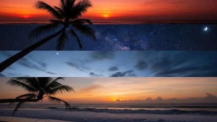 Stunning tropical beach scenes with palm trees at sunset and starry night sky