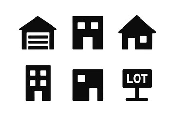 Minimalist real estate icon set: houses, garage, and lot sign symbols