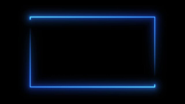A glowing blue neon rectangle frame on a black background. Modern futuristic light border design suitable for video overlays, gaming intros, technology visuals, and digital motion graphics projects.
