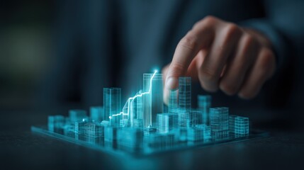 Businessman interacting with a futuristic city model