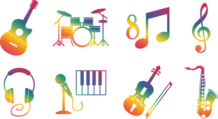 Obraz premium Vibrant Rainbow Musical Instruments and Symbols Collection music notes vector illustration