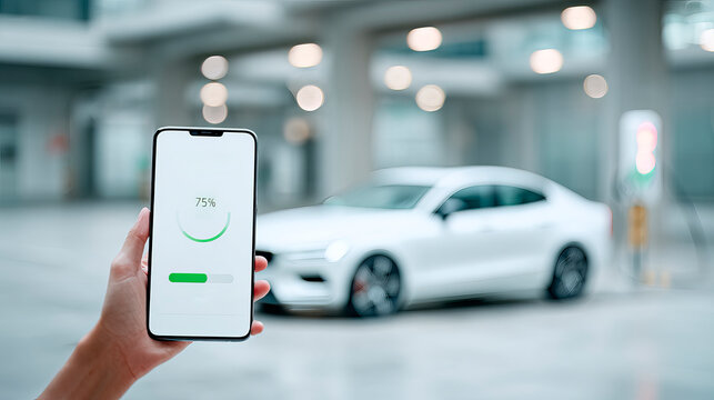  image of an electric sedan charging at an electric vehicle charging station. The smartphone screen clearly displays the app interface showing "75% intelligent charging"