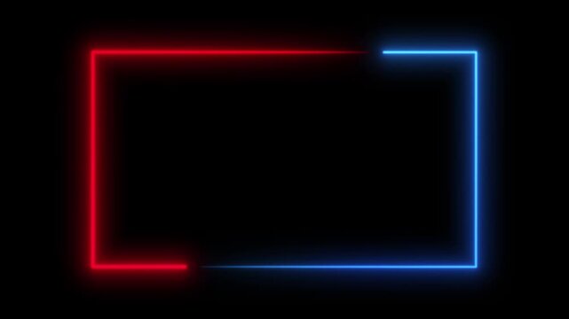 A glow red blue neon rectangle frame on a black background. Modern futuristic light border design suitable for video overlays, gaming intros, technology visuals, and digital motion graphics projects.
