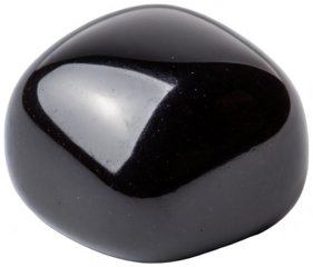 A highly polished, smooth, and lustrous black obsidian stone with a subtly elongated, oval shape, resting gently and reflecting ambient light to create a, isolated on transparent background.