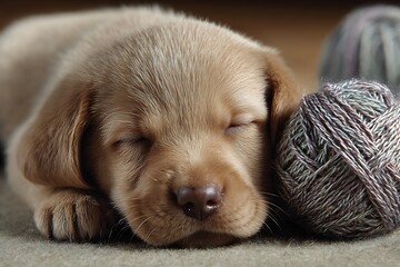 golden retriever puppy sitting with yarn ball