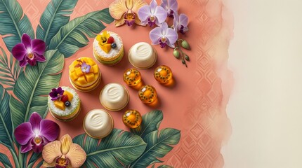 Exotic tropical dessert assortment with vibrant orchids and lush green foliage
