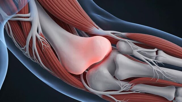 Anatomical illustration of human elbow joint with muscles and bones