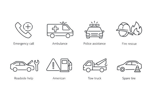 Minimal line icons illustrating emergency call, ambulance, police assistance, fire rescue, roadside help, tow truck, spare tire, and warning symbols