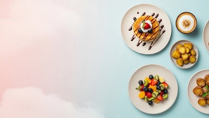 Delicious and colorful breakfast spread featuring pancakes, fresh fruit, and roasted potatoes