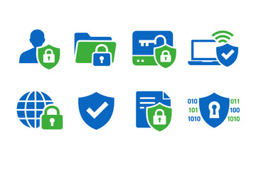 Set of cybersecurity icons featuring shield protection, padlocks, secure folders, encrypted data, safe browsing, and network security symbols