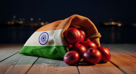Red onions spilling from burlap sack with Indian flag at night