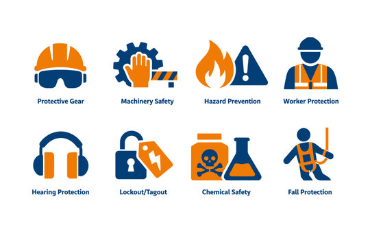 Industrial workplace safety icon set showing protective gear, machinery safety, hazard prevention, worker protection, lockout, chemical and fall safety