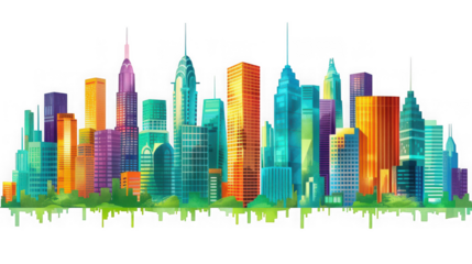A vibrant and colorful illustration of a modern city skyline with varying building heights on transparent background