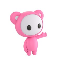 Cute 3D render Little Pink Monster character gesturing to the side, friendly and cheerful mascot style, presenting or introducing something, isolated on white background.