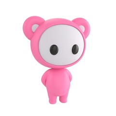 Cute 3D render Little Pink Monster character standing calmly with hands behind back, polite and confident mascot style, isolated on white background.
