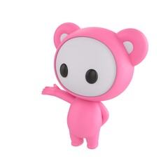 Cute 3D render Little Pink Monster character gesturing to the side as presenting, isolated on white background.