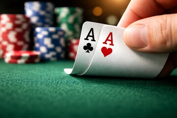 Close up shot of a hand revealing pocket aces on a green felt poker table